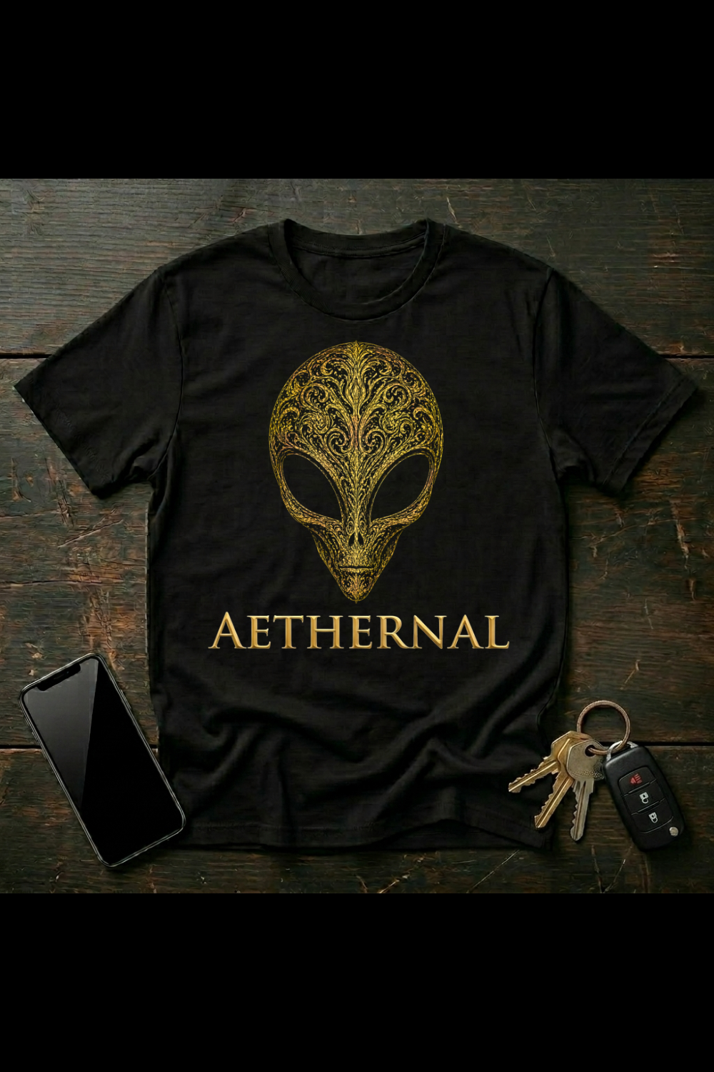 Golden Alien Skull Design – Extraterrestrial Symbolism Art | Ornamental Tattoo Style Illustration