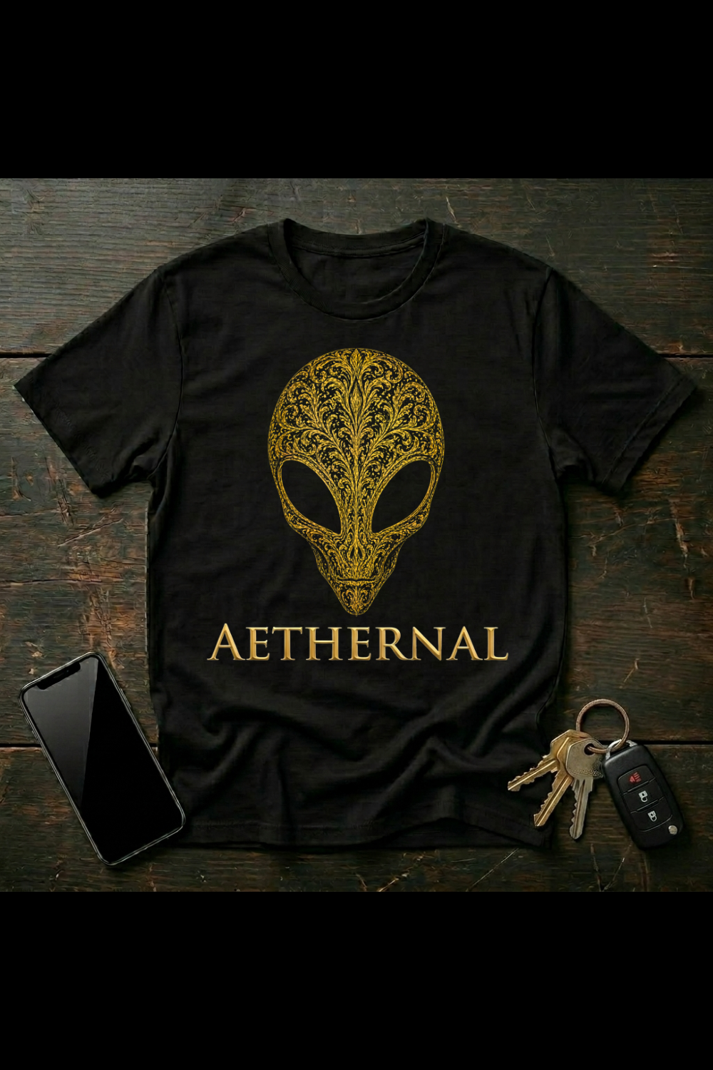 Ornamental Alien Skull Design – Gold Filigree Pattern Art | Dark Luxury Tattoo Style