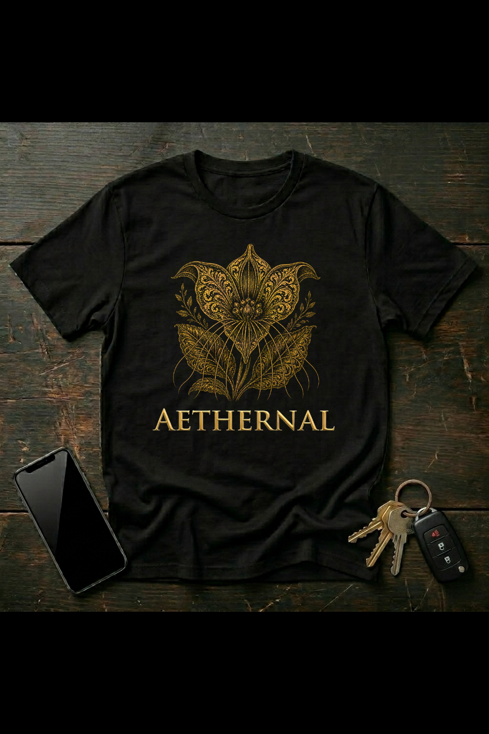 Golden Bat Flower Design – Exotic Botanical Art | Ornamental Dark Luxury Floral Illustration