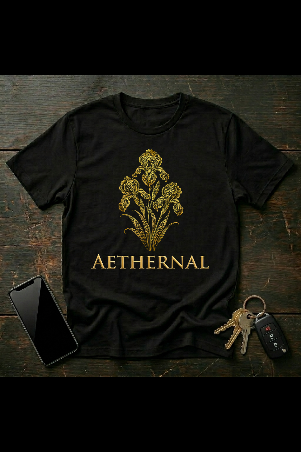 Golden Bearded Iris Design – Ornamental Botanical Art | Elegant Dark Luxury Floral Illustration