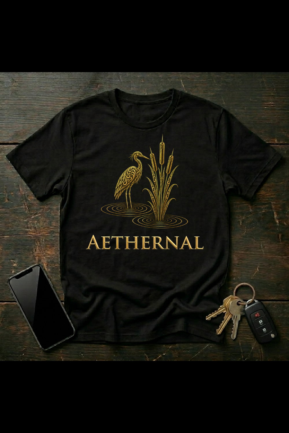 Golden Egret & Cattails – Serenity Symbol Nature Art | Mystical Ornamental Wetland Design